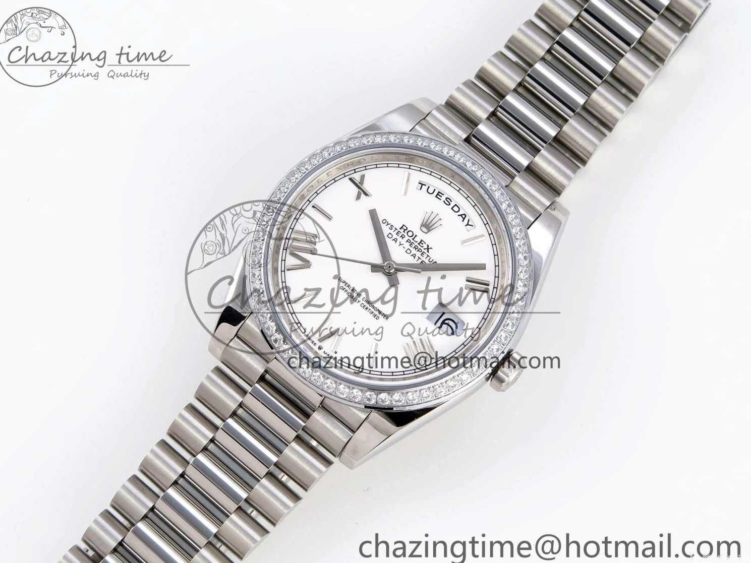 Good Copy Rolex Watches GSF Dial Bezel White Sustainable A 1920 40 SS Roman on Weight DayDate Diamonds Bracelet Gain President 1227